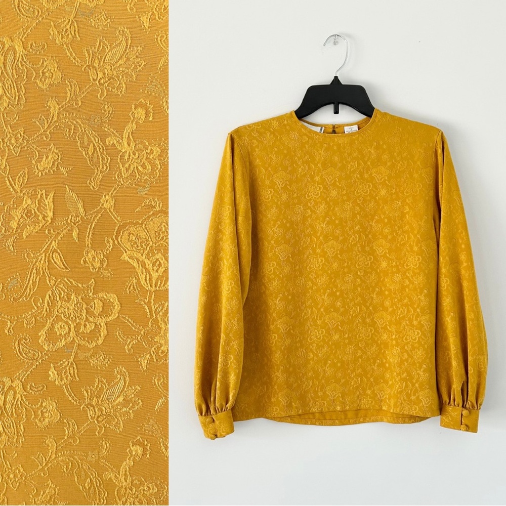 Vintage 1990s Liz Claiborne Golden Brocade Long Sleeve Blouse Top